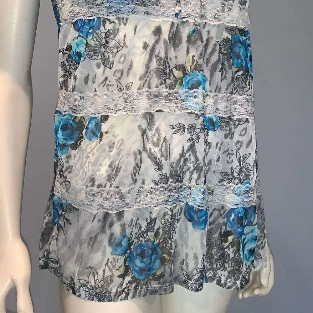 Vintage 90’s Y2K Self Esteem Sheer Chiffon Tiered‎ Lace Babydoll Top Size Large